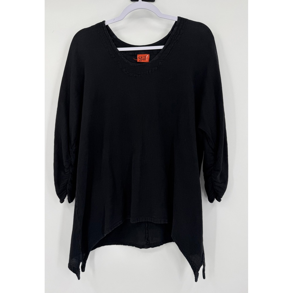 Oh My Gauze Black Cotton Ruched 3/4 Sleeve Sharkbite Hem Tunic Top Size 2